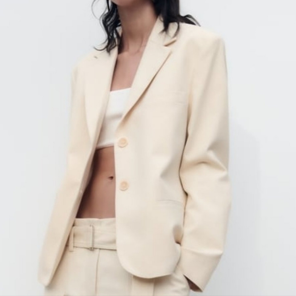 New Zara Buttoned Cotton Blazer In Oyster White Size Medium Classic Neutral